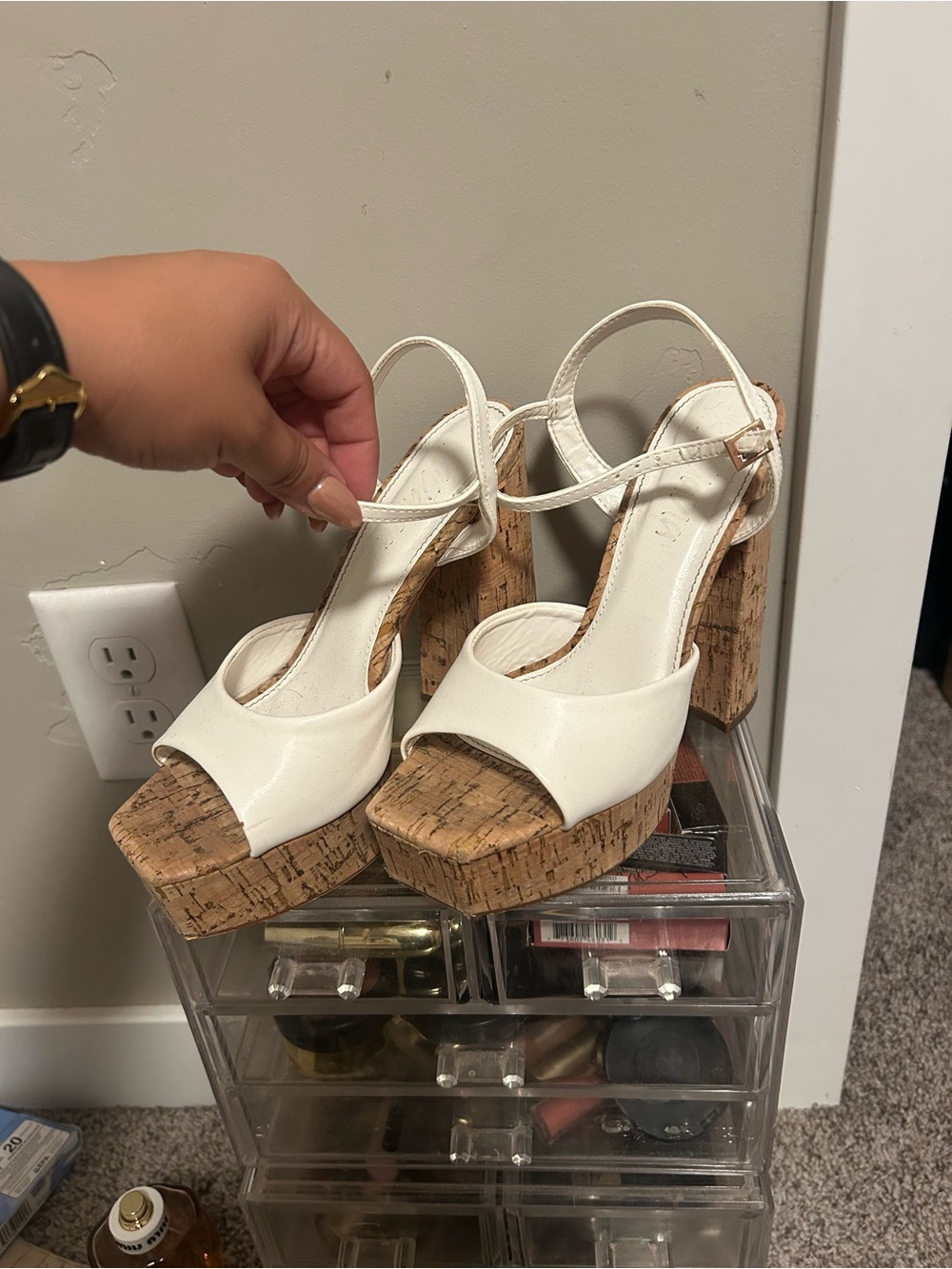Liliana White Cork Platform Heels with Ankle Strap